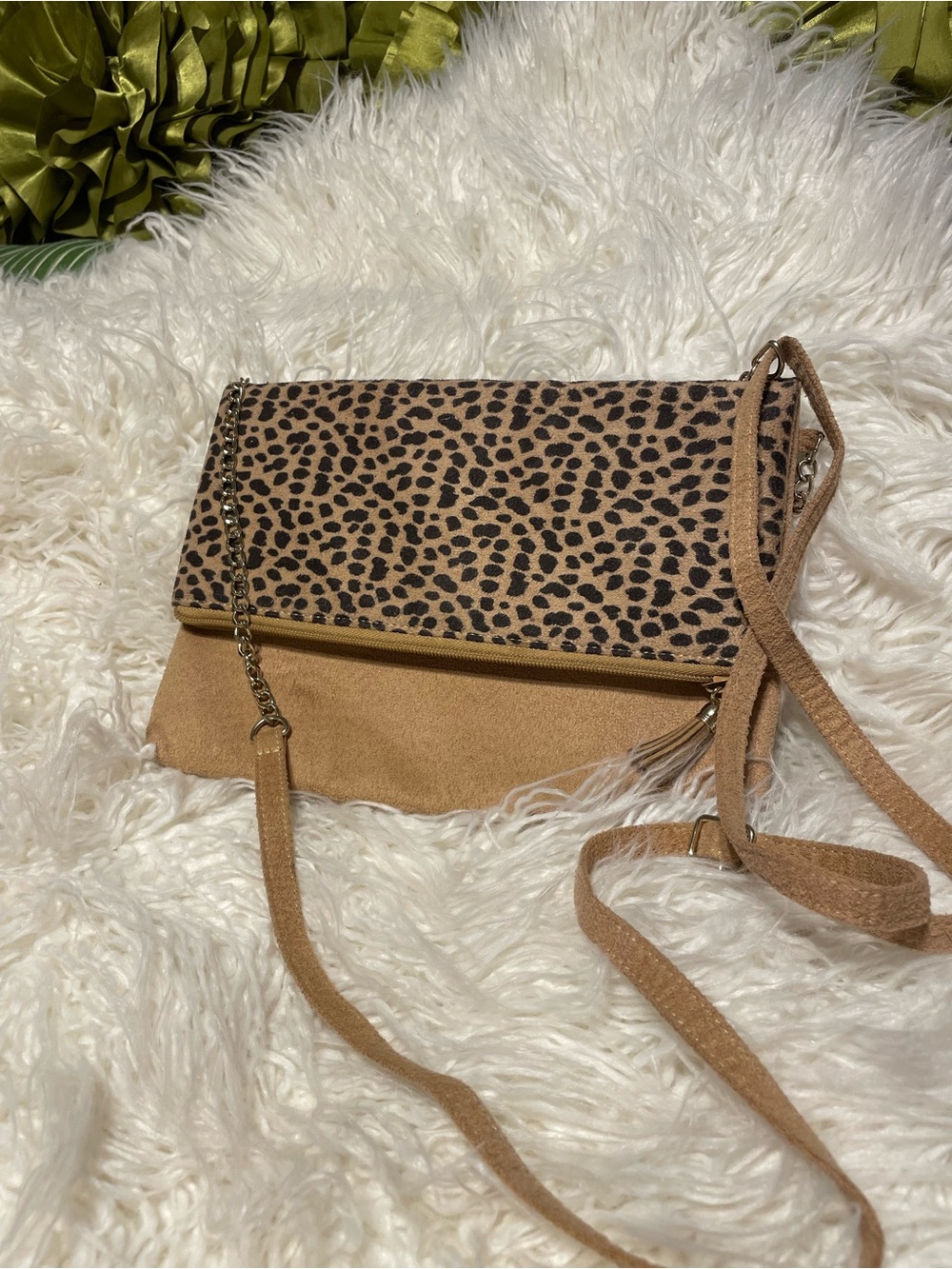 Leopard Print Fold-Over Crossbody Bag in Tan Suede